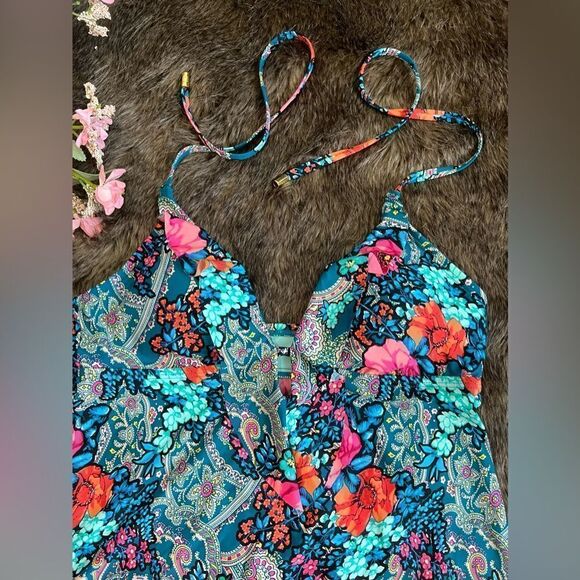 Laundry By Shelli Segal Turquoise Colorful Floral Paisley Ruffle Tankini Top M - Picture 4 of 8